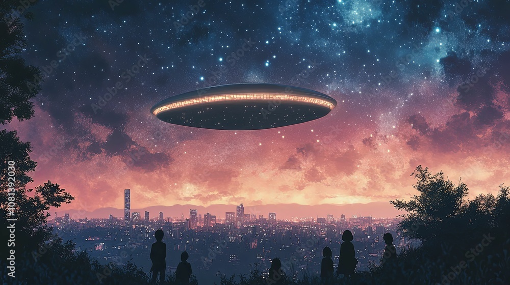 Silhouetted figures watching a UFO over a city skyline at night. Silhouetted figures watching a UFO over a city skyline at night.