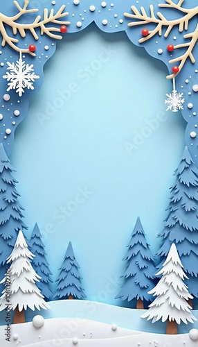 A handcrafted winter scene features delicate paper cut designs of snow-covered trees and intricate snowflakes against a soft blue background for holiday decor. New Year, Christmas. Generative AI