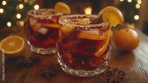 Two Glasses of Mulled Wine with Orange Slices and Star Anise on a Wooden Table photo