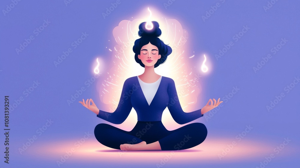 A serene figure meditating with a glowing aura, symbolizing mindfulness and inner peace against a calming purple backdrop. A serene figure meditating with a glowing aura, symbolizing mindfulness and inner peace against a calming purple backdrop.