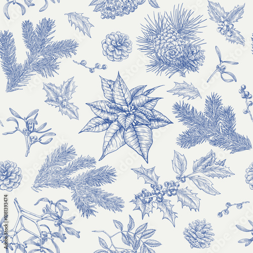 Toile Christmas botanical seamless pattern with fir branches holly mistletoe poinsettia rowan pine cone Blue beige Hand drawn Vintage background for design package textile wallpaper fabric paper decor