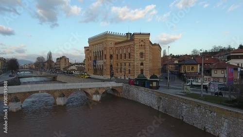 Drone flight video over Sarajevo at sunset