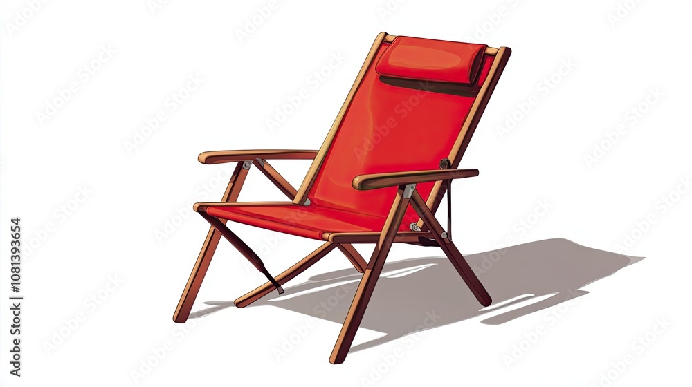 A red and brown folding beach chair with a headrest A red and brown folding beach chair with a headrest