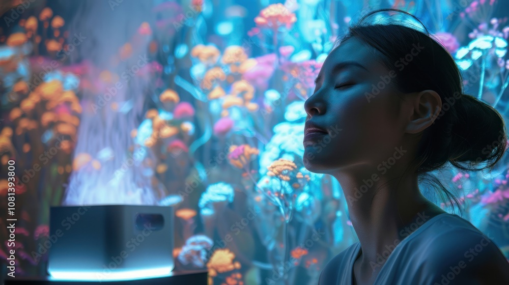 A young woman with eyes closed, meditating in a room with a futuristic floral background. A young woman with eyes closed, meditating in a room with a futuristic floral background.