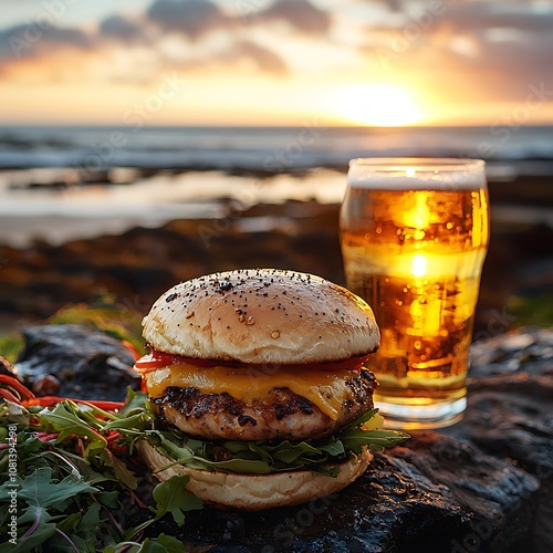 Delicious Burger and Cold Beer at Sunset on the Beach.
