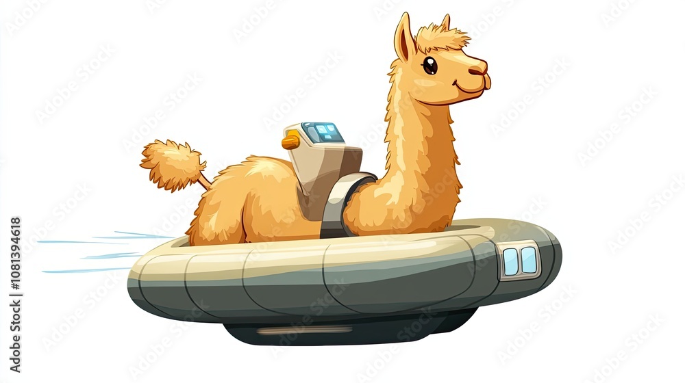 Naklejka premium Llama riding a futuristic spaceship with a happy expression