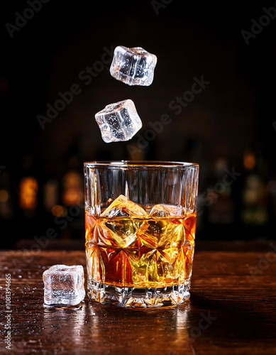 Alcoholic drinks in glasses are placed on the counter at the bar.