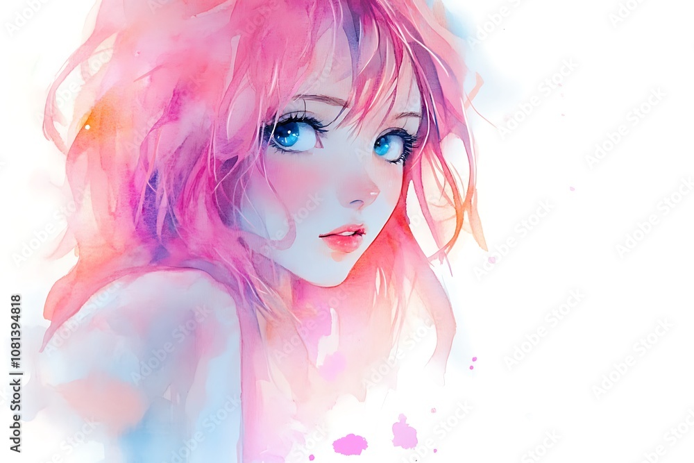 Fototapeta premium Anime girl with pink hair and blue eyes in watercolor style