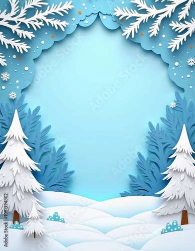 A handcrafted winter scene features delicate paper cut designs of snow-covered trees and intricate snowflakes against a soft blue background for holiday decor. New Year, Christmas. Generative AI