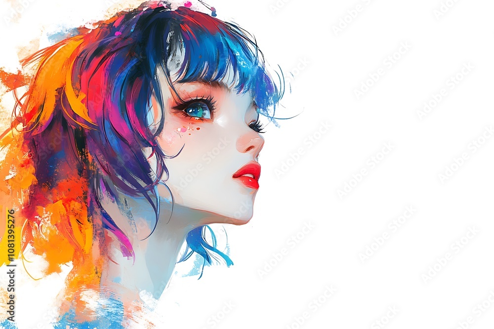 Obraz premium Colorful Anime Girl Portrait with Blue Hair and Blue Eyes