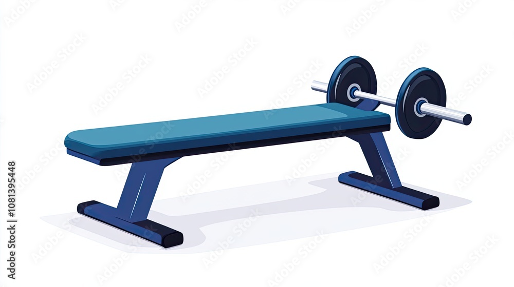 Blue weight bench with barbell and weight plates Blue weight bench with barbell and weight plates