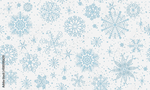 Vector seamless Christmas hand drawn pattern with silvery snowflakes and stars on a white background