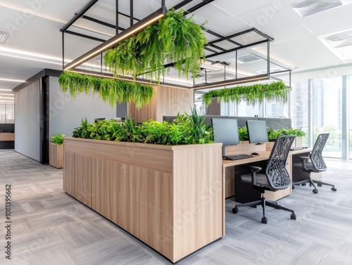 A modern office with lush greenery, featuring wooden workstations and plants suspended from overhead, creating a vibrant and inspirational workspace.