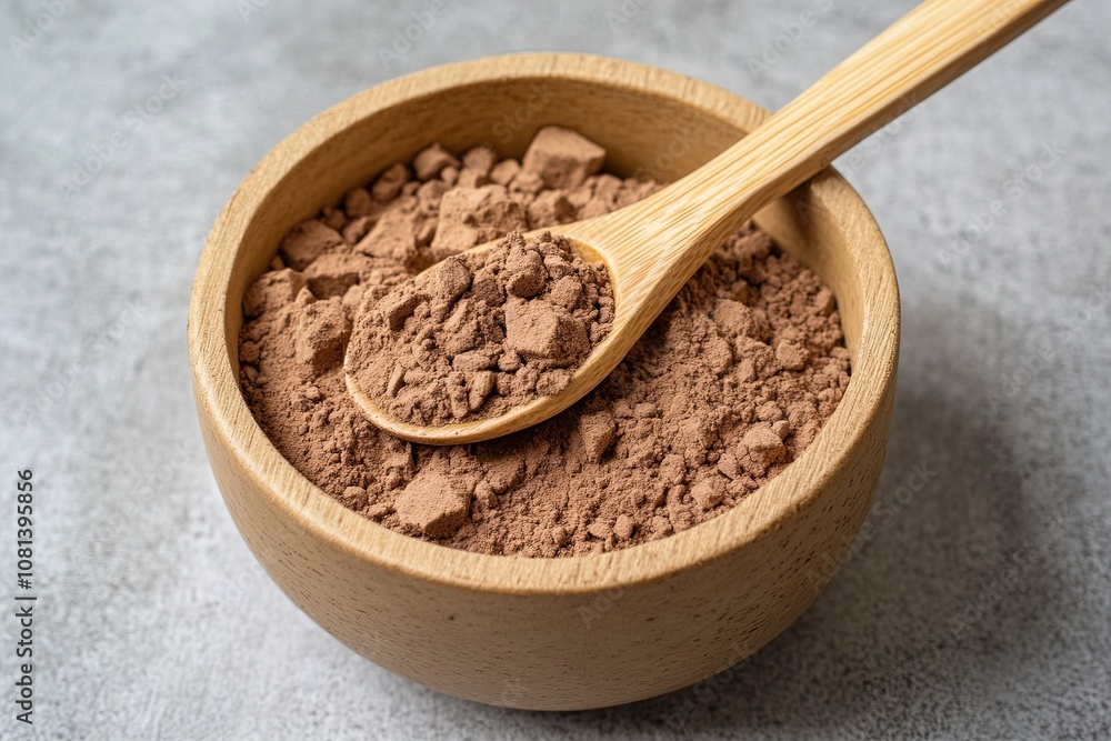 Brown Powder in a Wooden Bowl With a Spoon on a Textured Surface for Culinary Use Brown Powder in a Wooden Bowl With a Spoon on a Textured Surface for Culinary Use