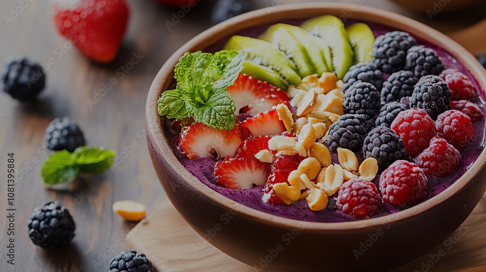 A smoothie bowl with fruit and nuts A smoothie bowl with fruit and nuts