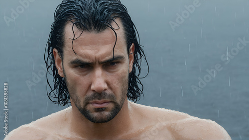 A man with wet hair and a frowning face photo