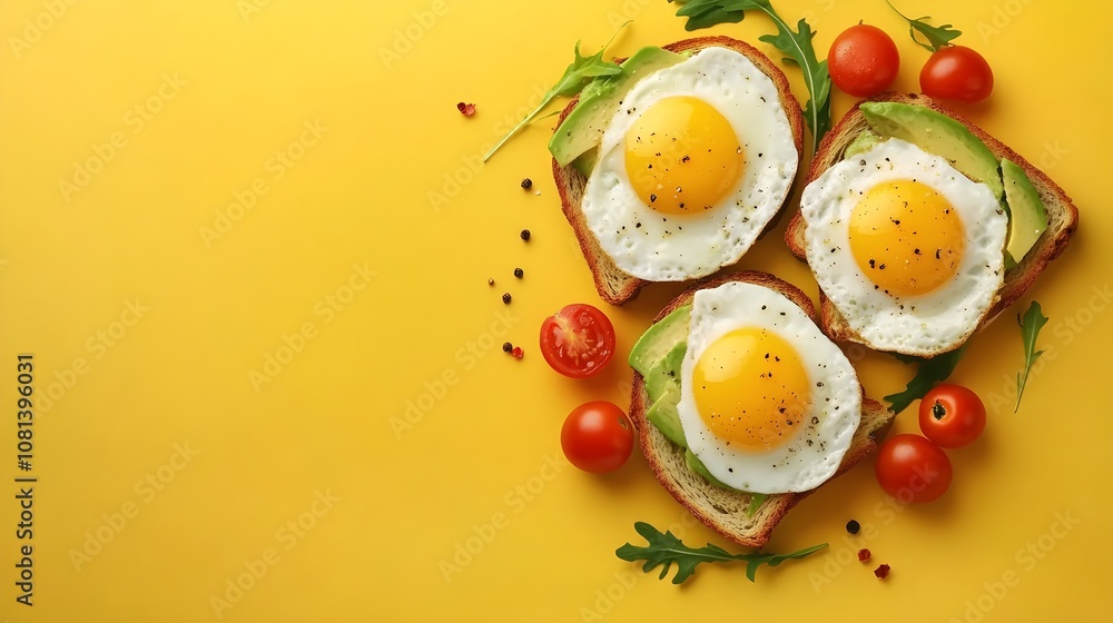 Top view of a vegetarian breakfast recipe: fried eggs with cherry tomatoes, greenery, and avocado toast on a yellow background with copy space image Top view of a vegetarian breakfast recipe: fried eggs with cherry tomatoes, greenery, and avocado toast on a yellow background with copy space image