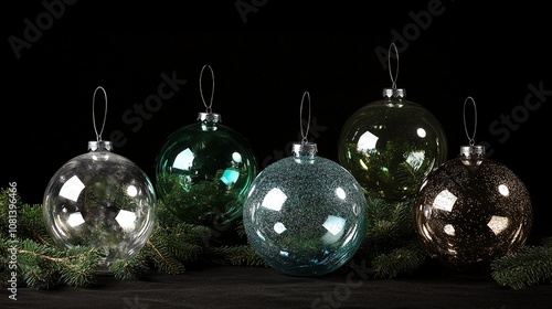 Advertising Image of Sparkling Glass Balls with Glitter, Perfect for Christmas Tree Decorations, Elegant Holiday Ornament Design for Festive Season photo