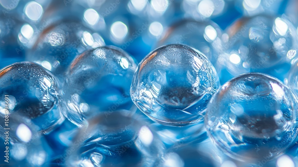 Close-up view of translucent glass marbles on a vibrant blue surface, showcasing reflections and light patterns in a creative arrangement Close-up view of translucent glass marbles on a vibrant blue surface, showcasing reflections and light patterns in a creative arrangement