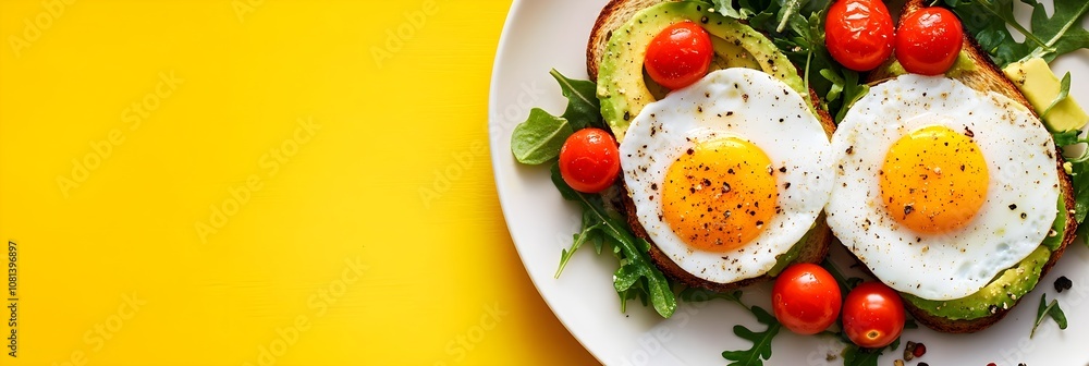 Top view of a vegetarian breakfast recipe: fried eggs with cherry tomatoes, greenery, and avocado toast on a yellow background with copy space image Top view of a vegetarian breakfast recipe: fried eggs with cherry tomatoes, greenery, and avocado toast on a yellow background with copy space image