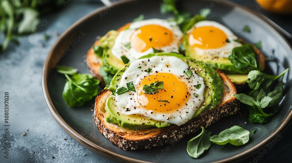 Three pieces of avocado toast topped with fried eggs. Three pieces of avocado toast topped with fried eggs.