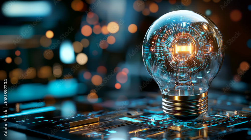 holographic lightbulb with geometric designs symbolizes innovation and technology, showcasing intricate circuits and glowing elements holographic lightbulb with geometric designs symbolizes innovation and technology, showcasing intricate circuits and glowing elements