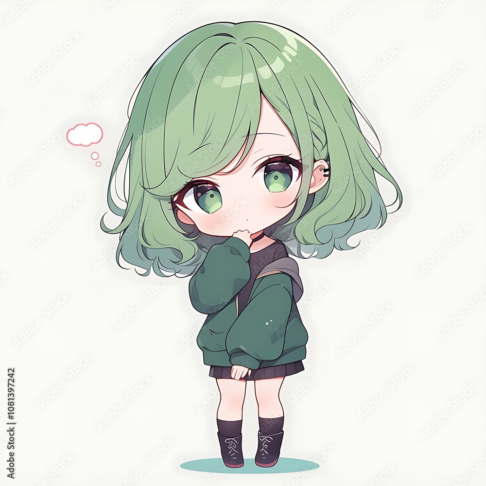 Cute green haired anime girl chibi character with thinking bubble illustration Cute green haired anime girl chibi character with thinking bubble illustration