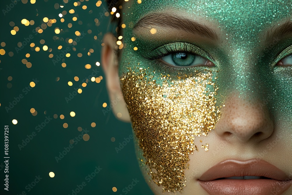 A Close-Up of a Woman's Face Adorned With Green and Gold Glitter During a Festive Celebration A Close-Up of a Woman's Face Adorned With Green and Gold Glitter During a Festive Celebration