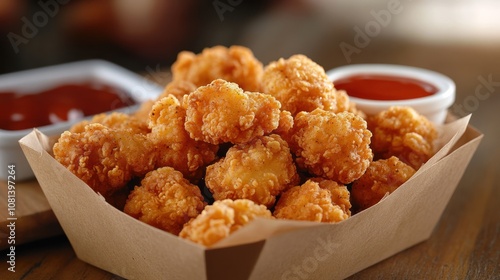 Crispy popcorn chicken in a paper basket, accompanied by dipping sauces, pub-style food 