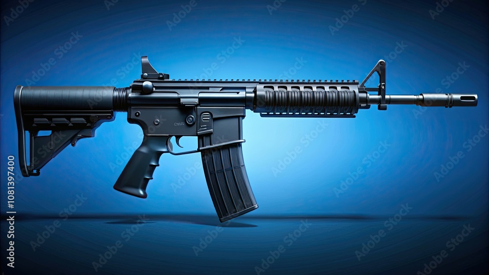 Detailed shot of a dark bold black AR-15 rifle side profile with blue background, AR-15, rifle, gun, firearm, weapon, black Detailed shot of a dark bold black AR-15 rifle side profile with blue background, AR-15, rifle, gun, firearm, weapon, black
