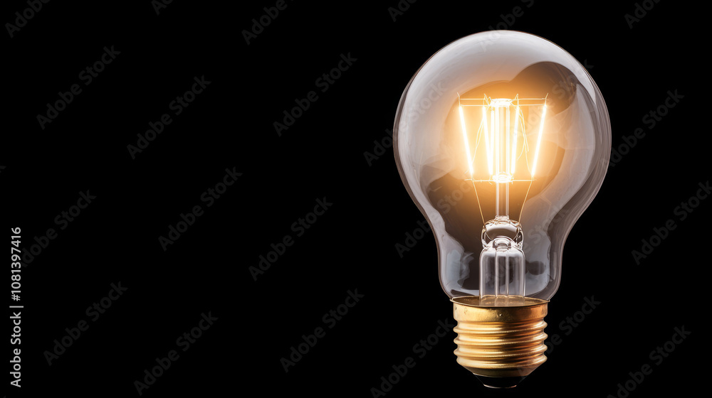 transparent lightbulb glowing with warm light against black background, showcasing its intricate filament design. Perfect for modern decor or energy concepts transparent lightbulb glowing with warm light against black background, showcasing its intricate filament design. Perfect for modern decor or energy concepts