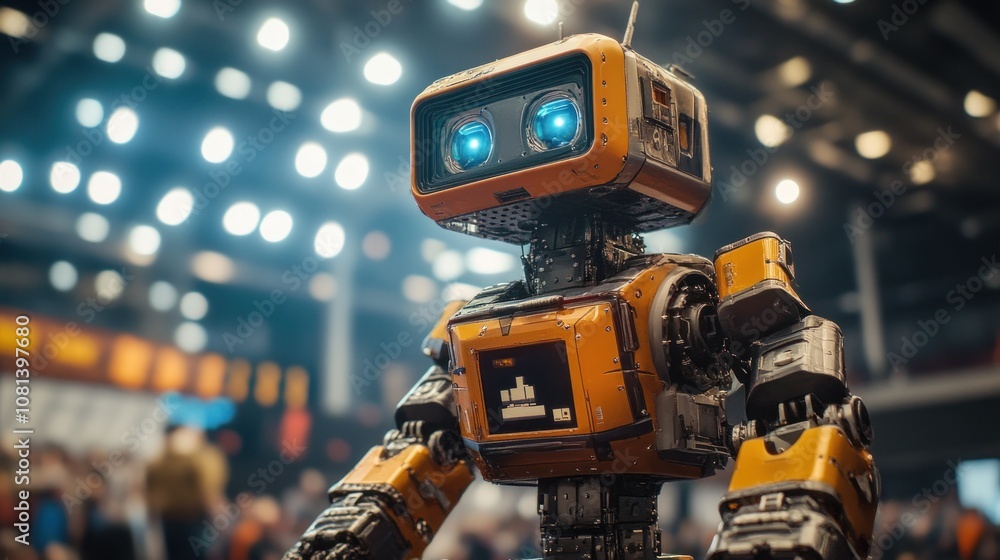 A retro-styled robot with blue eyes and a digital display stands in front of a blurred background of a crowd and lights. A retro-styled robot with blue eyes and a digital display stands in front of a blurred background of a crowd and lights.