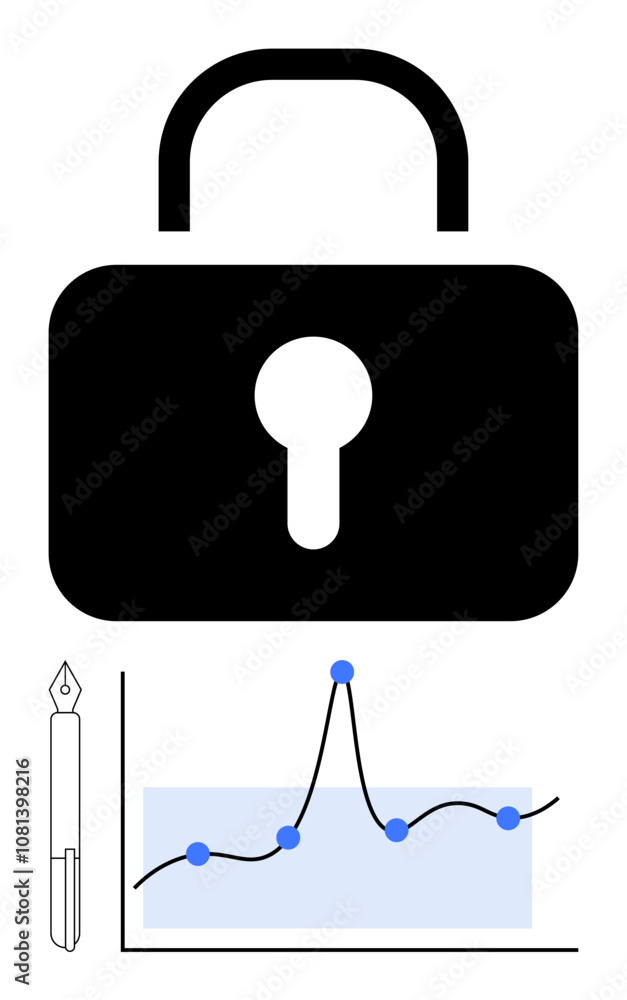 Padlock pen line graph with blue points highlight cybersecurity analytics data visualization technology, research, strategy, protection. Ideal for tech, business, education, finance, innovation Padlock pen line graph with blue points highlight cybersecurity analytics data visualization technology, research, strategy, protection. Ideal for tech, business, education, finance, innovation