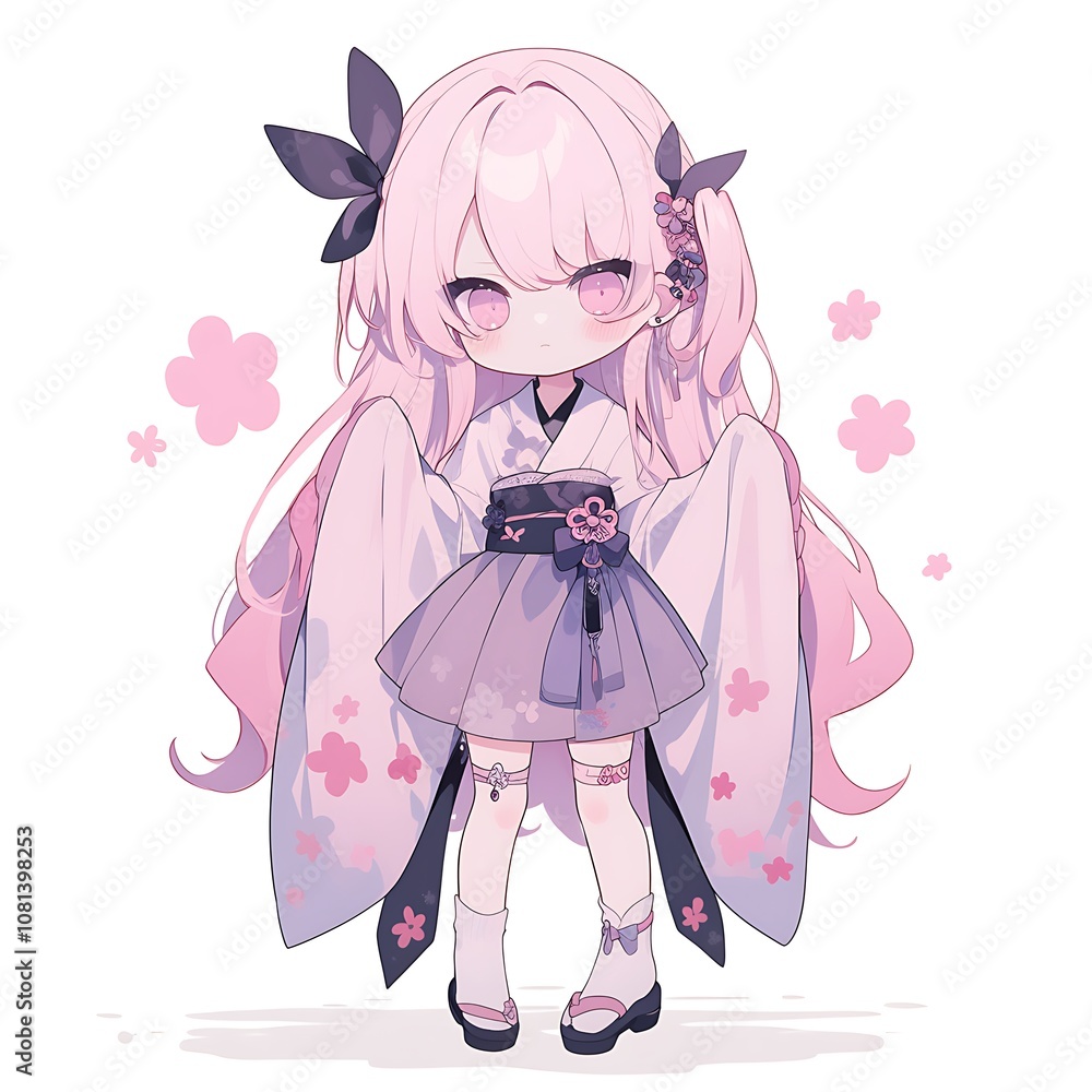 Cute anime girl in pink kimono with cherry blossoms Cute anime girl in pink kimono with cherry blossoms