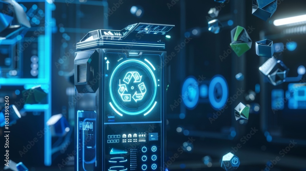 A hightech bin that uses 5G to scan and analyze waste items providing suggestions for proper disposal ods and encouraging ecofriendly habits. A hightech bin that uses 5G to scan and analyze waste items providing suggestions for proper disposal ods and encouraging ecofriendly habits.