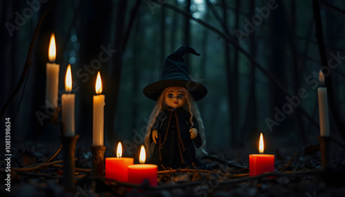 witchcraft foll doll and burning candles in dark forest. magic guardian spirit of nature. ancient pagan, Wiccan, Slavic traditions. esoteric spiritual ritual isolated highlighted by white, png photo