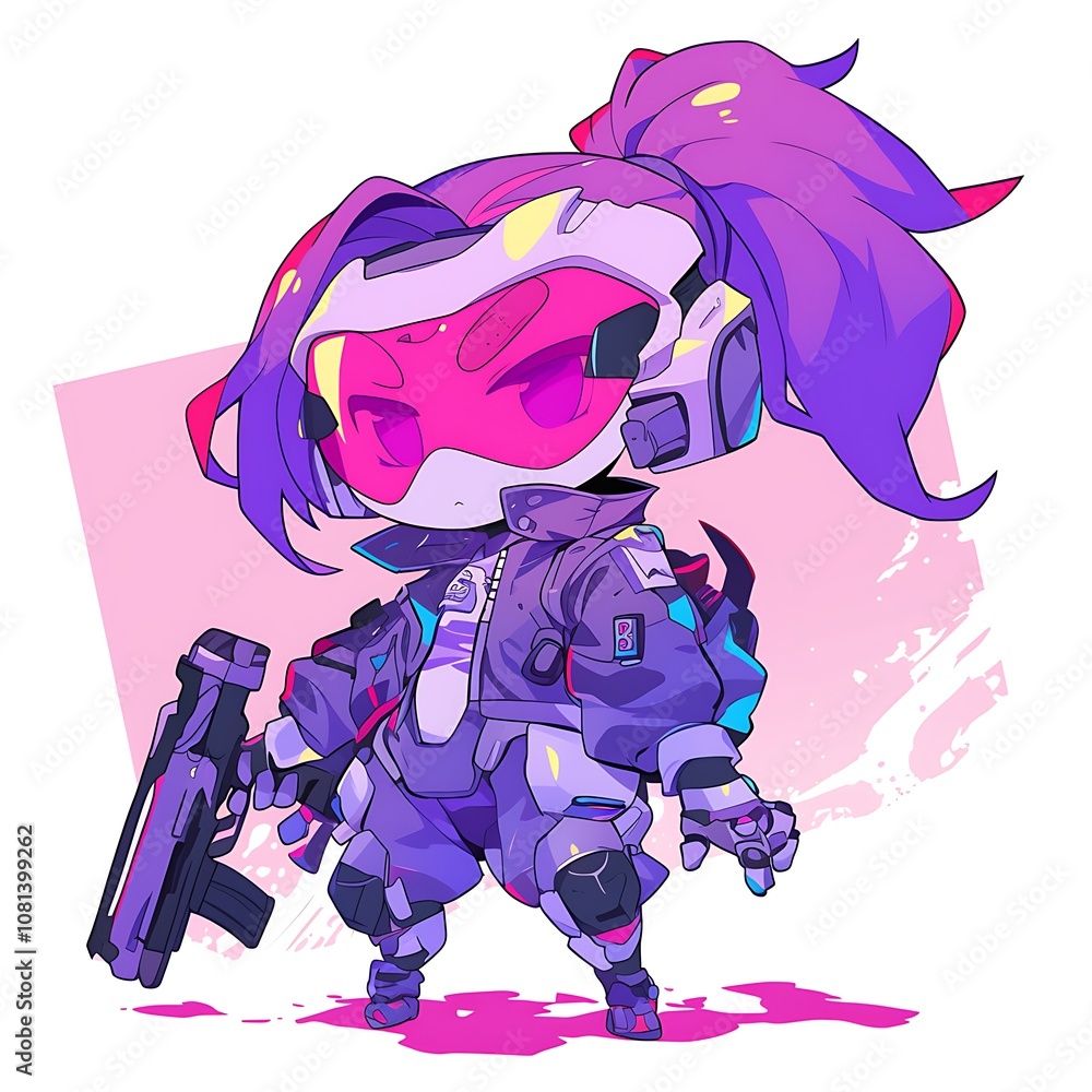 Cute chibi anime girl with futuristic weapons. Cyberpunk aesthetic design with neon color palette. Cute chibi anime girl with futuristic weapons. Cyberpunk aesthetic design with neon color palette.