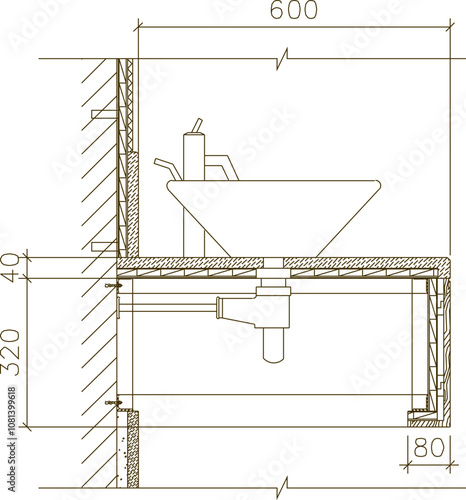 Vector sketch, silhouette illustration, design drawing, detailed construction of a washbasin section for hand washing