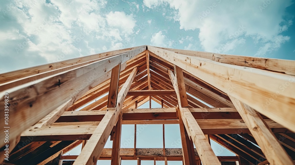 Wooden Roof Truss Framework Under Construction Against Cloudy Sky Wooden Roof Truss Framework Under Construction Against Cloudy Sky