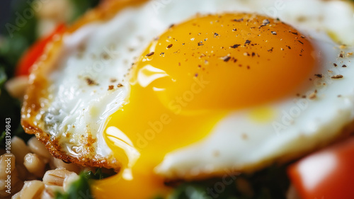 Close up of fried sunny egg on a plate. Healthy breacfast concept.  photo