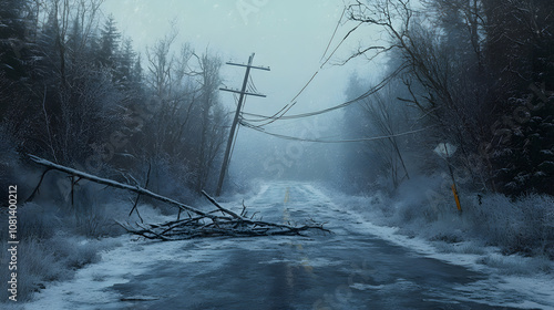 snow storm icy road  forest ice trees power lines broken branches fallen landscape cold frost blizzard adverse weather climate change nature winter s