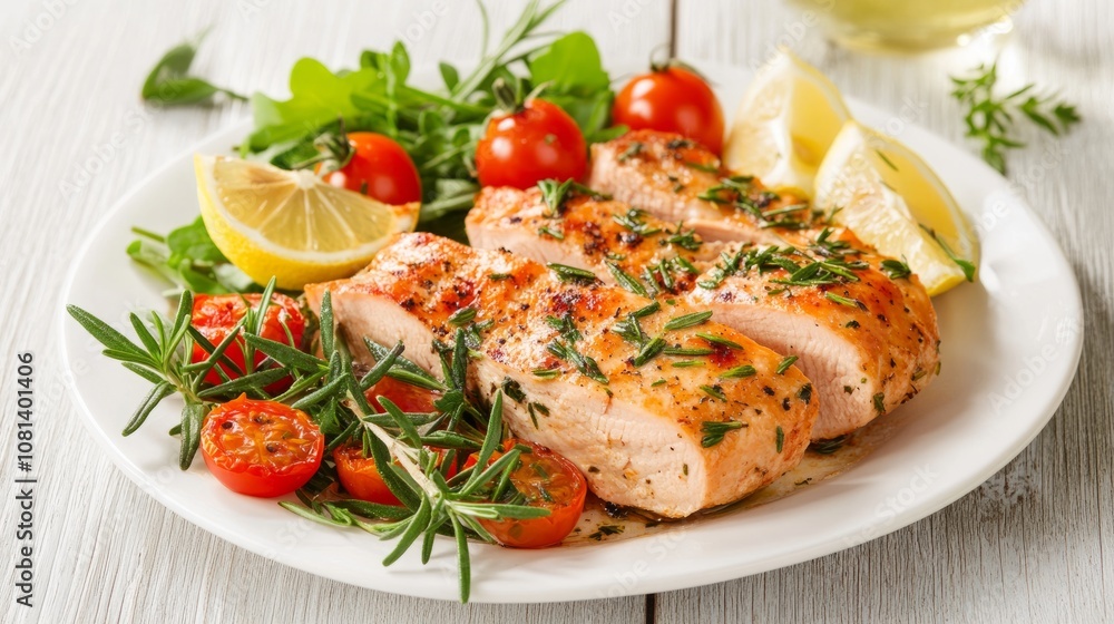 Delicious roasted turkey with rosemary, tomatoes, garlic, and lemon on white plate, cut out Delicious roasted turkey with rosemary, tomatoes, garlic, and lemon on white plate, cut out