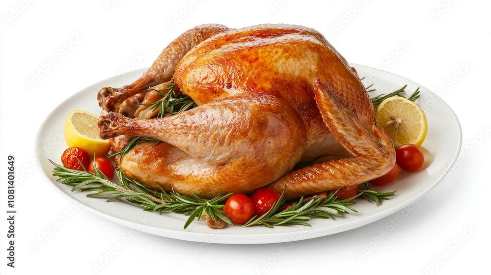 Delicious roasted turkey with rosemary, tomatoes, garlic, and lemon on white plate, cut out Delicious roasted turkey with rosemary, tomatoes, garlic, and lemon on white plate, cut out