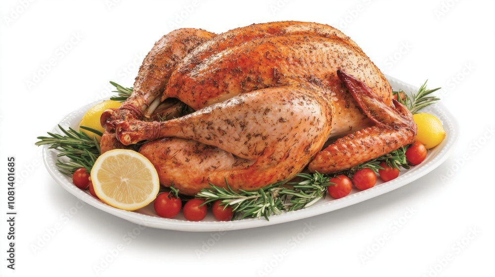 Delicious roasted turkey with rosemary, tomatoes, garlic, and lemon on white plate, cut out Delicious roasted turkey with rosemary, tomatoes, garlic, and lemon on white plate, cut out