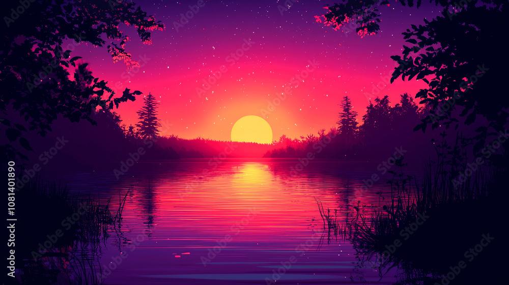 Vibrant sunset over a calm lake with silhouette trees and reflections. Vibrant sunset over a calm lake with silhouette trees and reflections.