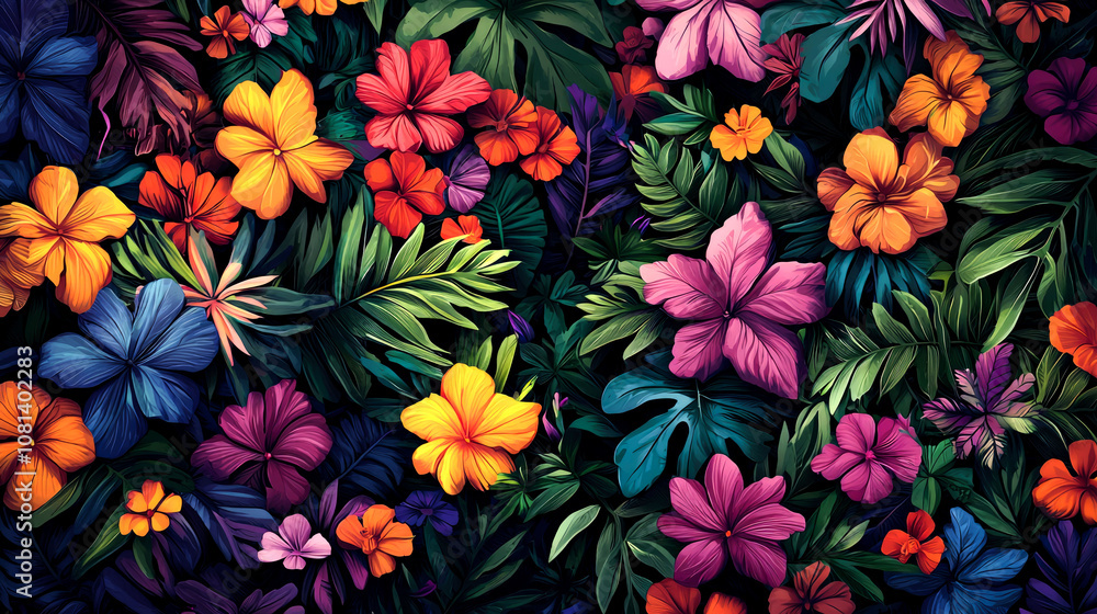 Vibrant tropical floral pattern with leaves. Vibrant tropical floral pattern with leaves.