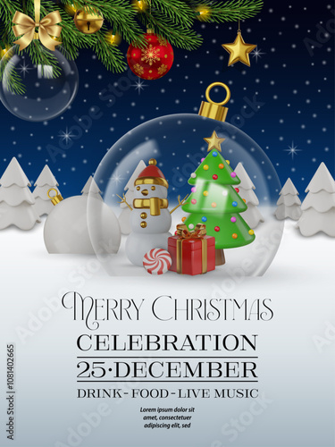 christmas celebration flyer  with 3d snowman and christmas tree inside a glass ball. merrry christmas background with 3d realistic decorations and pine branches on winter landscape	