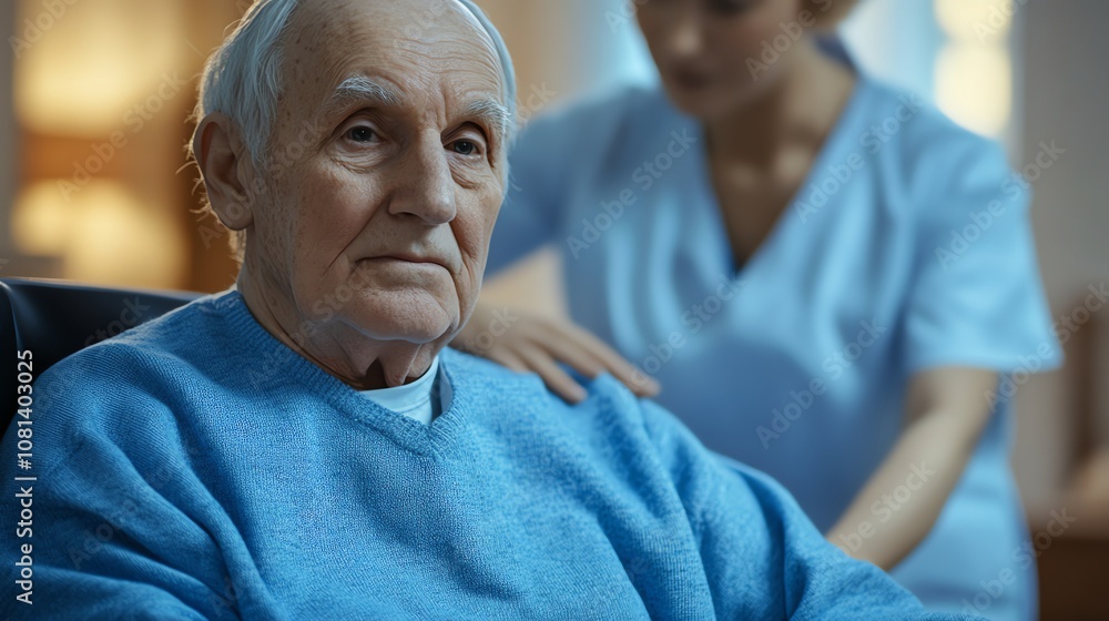 An elderly man sits in a chair, while a nurse places a hand reassuringly on his shoulder. An elderly man sits in a chair, while a nurse places a hand reassuringly on his shoulder.