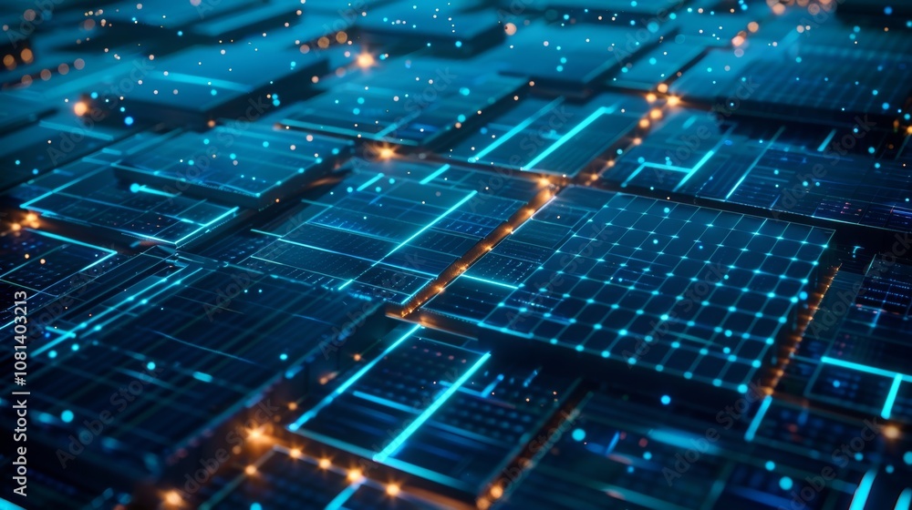 A factory powered by a massive array of solar panels and 5G technology allowing for precise adjustments to maximize energy production and minimize waste. A factory powered by a massive array of solar panels and 5G technology allowing for precise adjustments to maximize energy production and minimize waste.