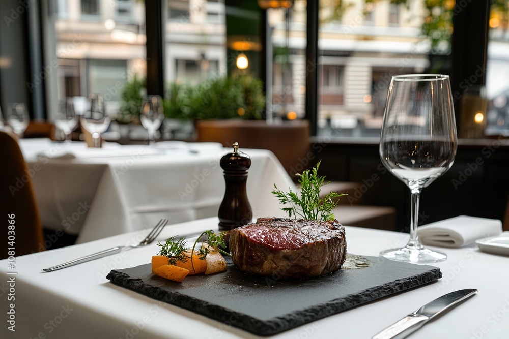 A Beautifully Plated Steak Dinner With Fresh Herbs, Served in an Elegant Restaurant During the Evening A Beautifully Plated Steak Dinner With Fresh Herbs, Served in an Elegant Restaurant During the Evening